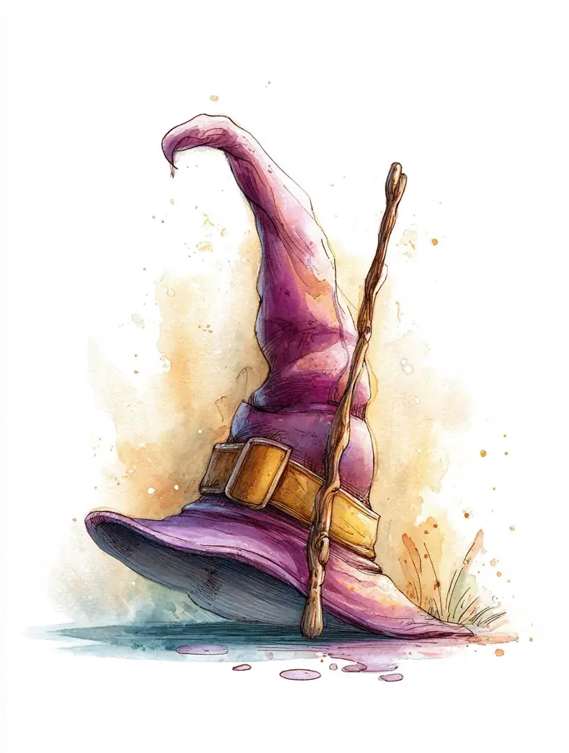 Aquarell-Illustration eines Hexenhuts mit Zauberstab