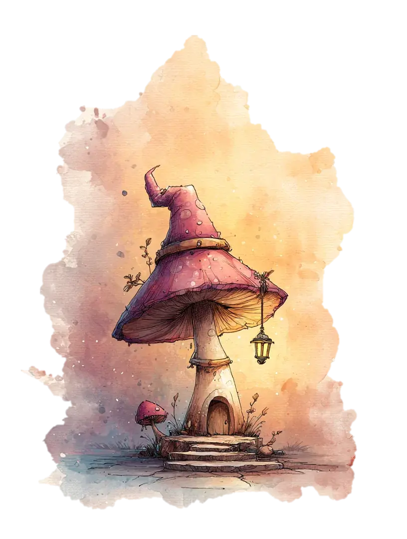 Aquarell-Illustration eines Pilzhauses mit Laterne