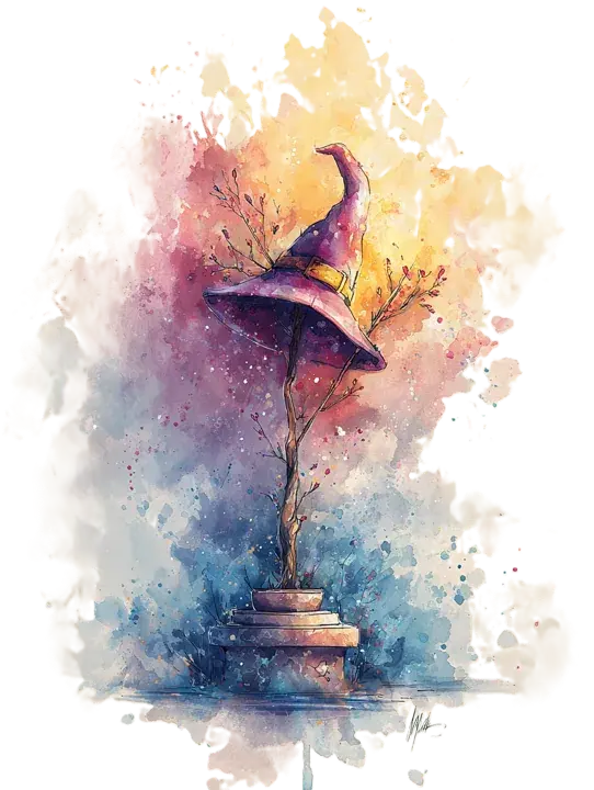Aquarell-Illustration eines Zauberhuts auf einem Ast