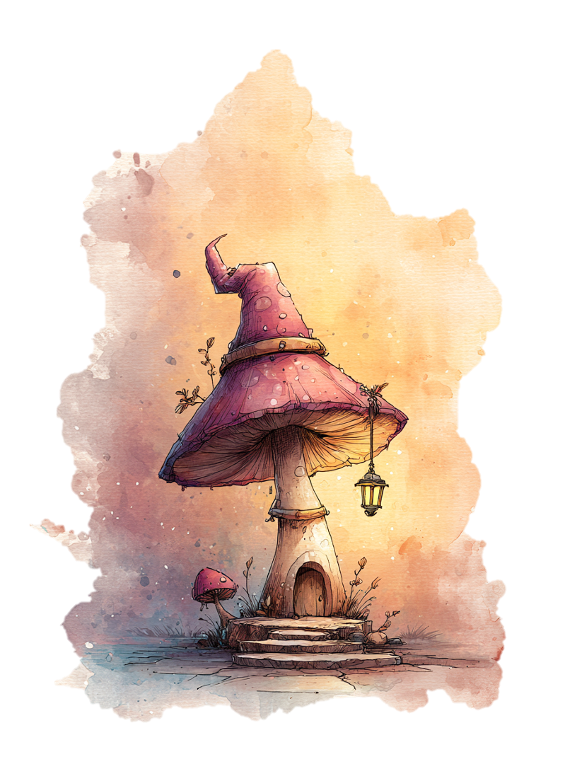 Aquarell-Illustration eines Pilzhauses mit Laterne